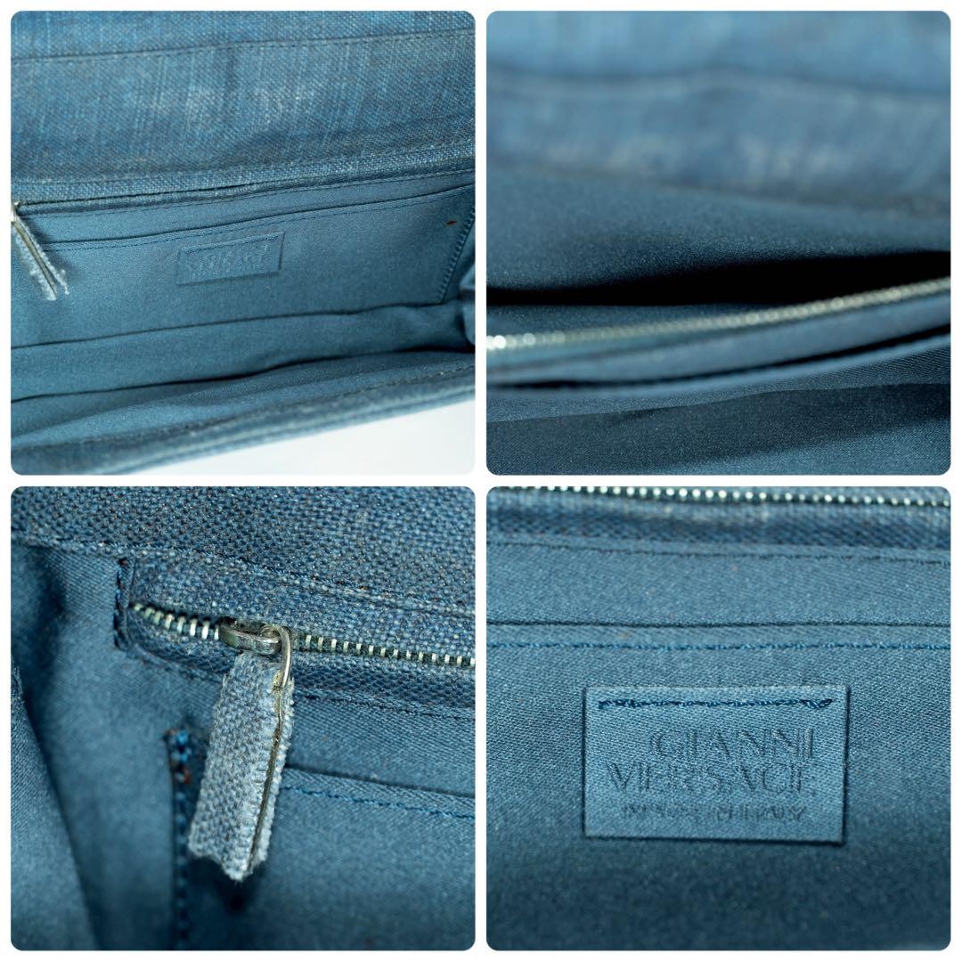 VERSACE Hand Bag Tote Purse Medusa Denim Leather Navy Authentic