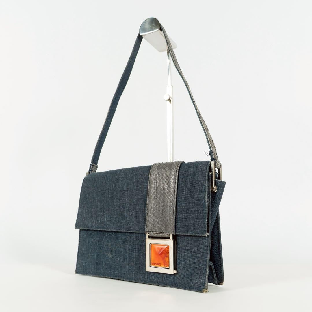 VERSACE Hand Bag Tote Purse Medusa Denim Leather Navy Authentic