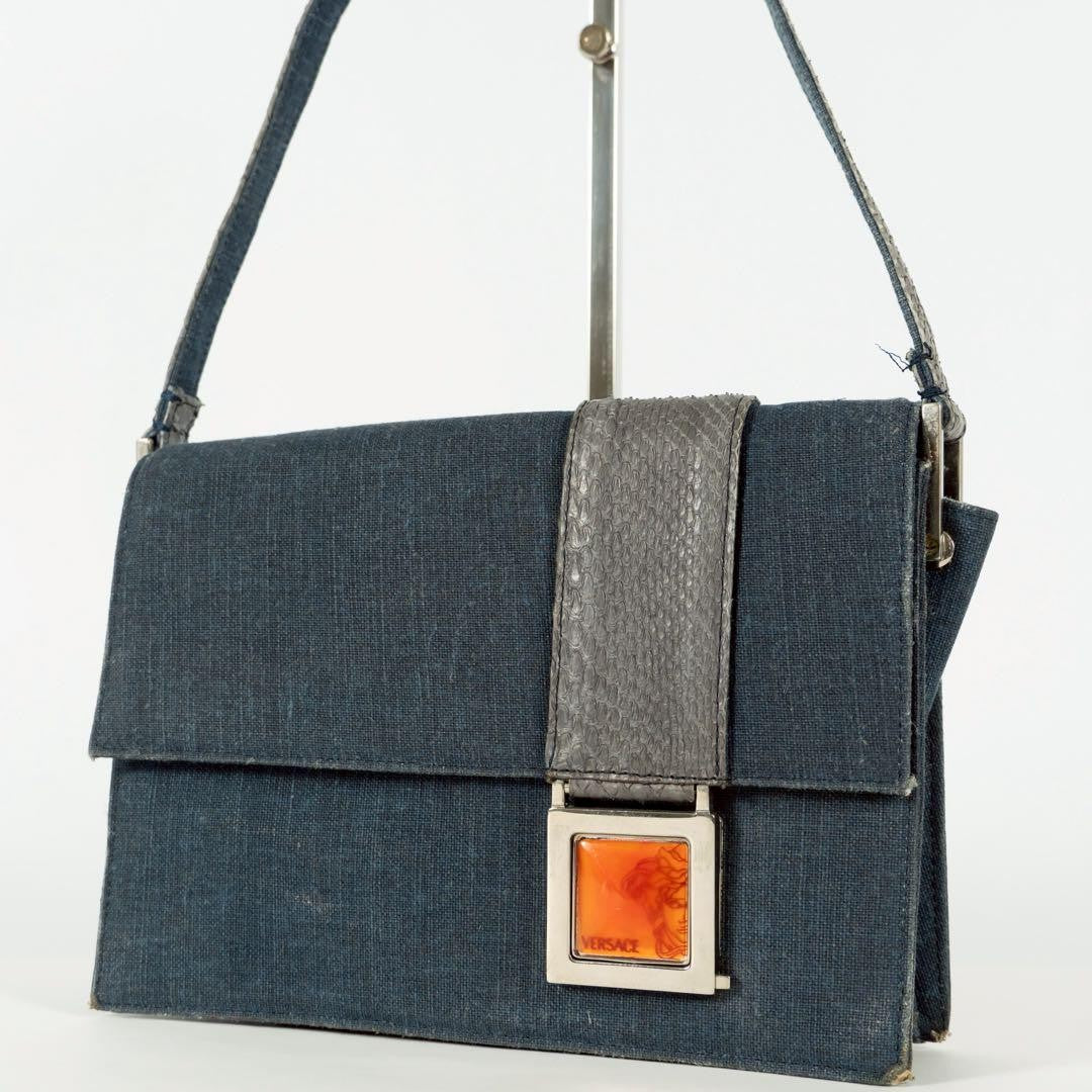 VERSACE Hand Bag Tote Purse Medusa Denim Leather Navy Authentic