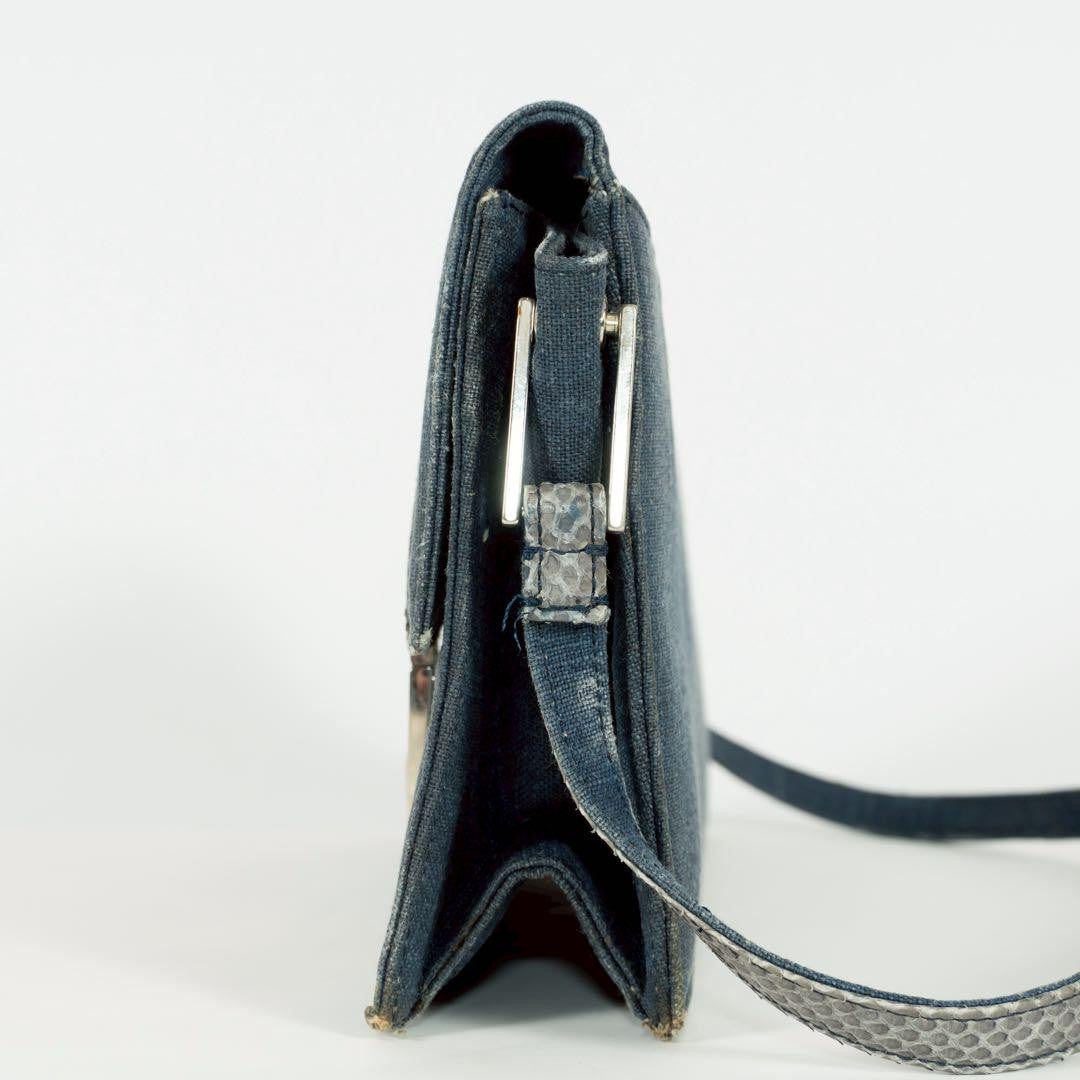 VERSACE Hand Bag Tote Purse Medusa Denim Leather Navy Authentic
