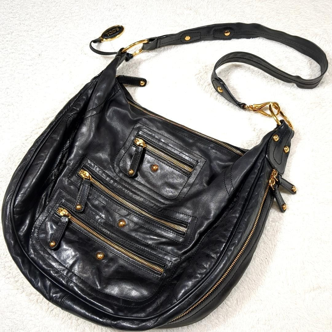 TOD'S Shoulder Bag Purse Leather Black Authentic