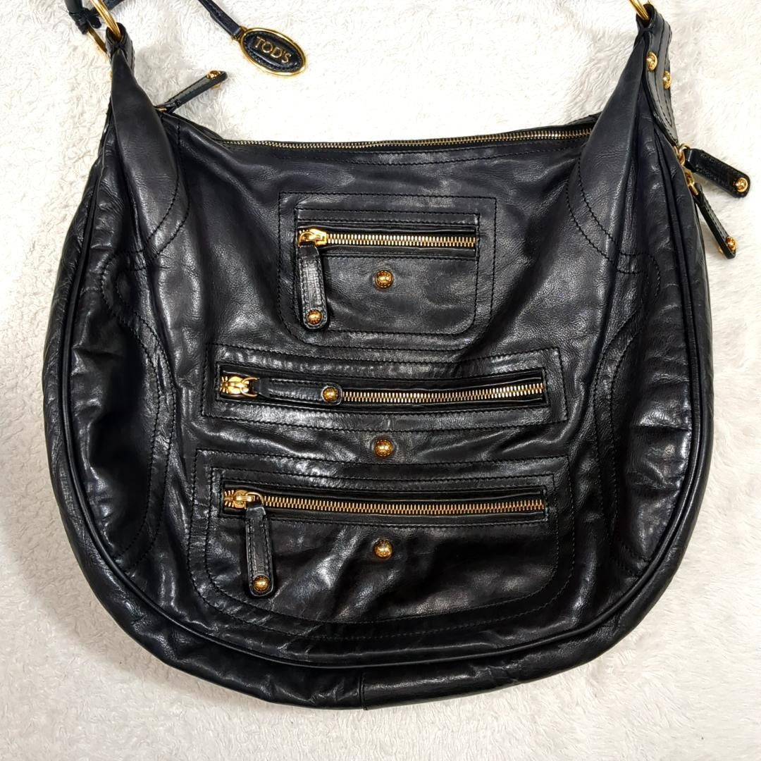 TOD'S Shoulder Bag Purse Leather Black Authentic
