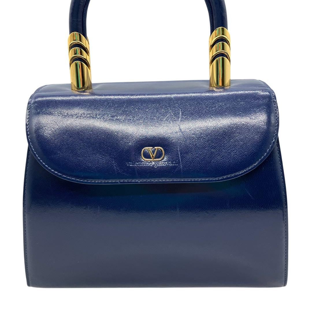 Valentino Garavani Hand Bag Tote Purse Logo Leather Blue Authentic