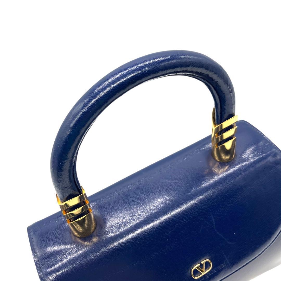 Valentino Garavani Hand Bag Tote Purse Logo Leather Blue Authentic