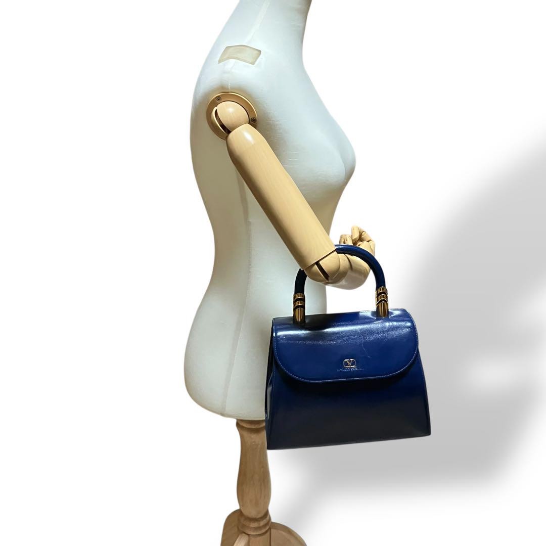 Valentino Garavani Hand Bag Tote Purse Logo Leather Blue Authentic