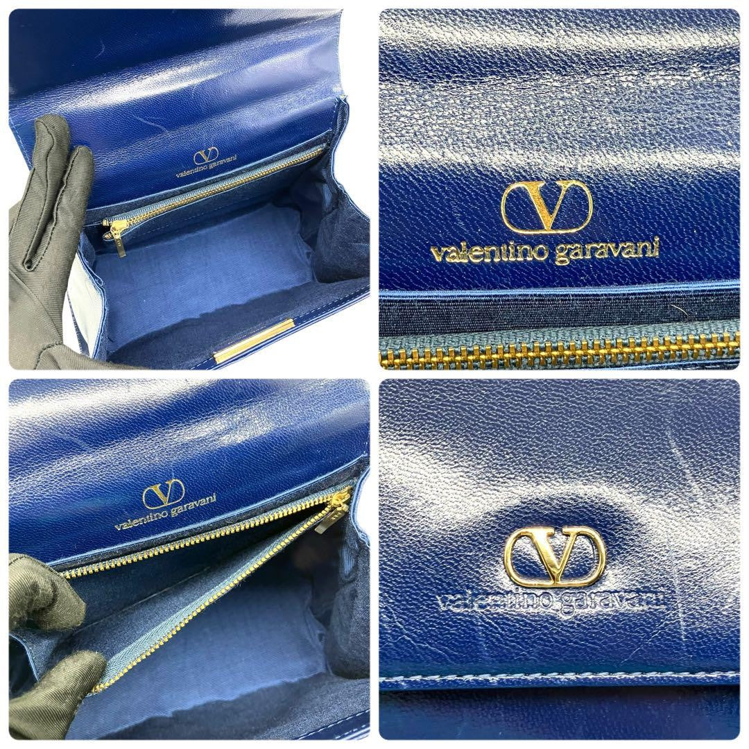 Valentino Garavani Hand Bag Tote Purse Logo Leather Blue Authentic