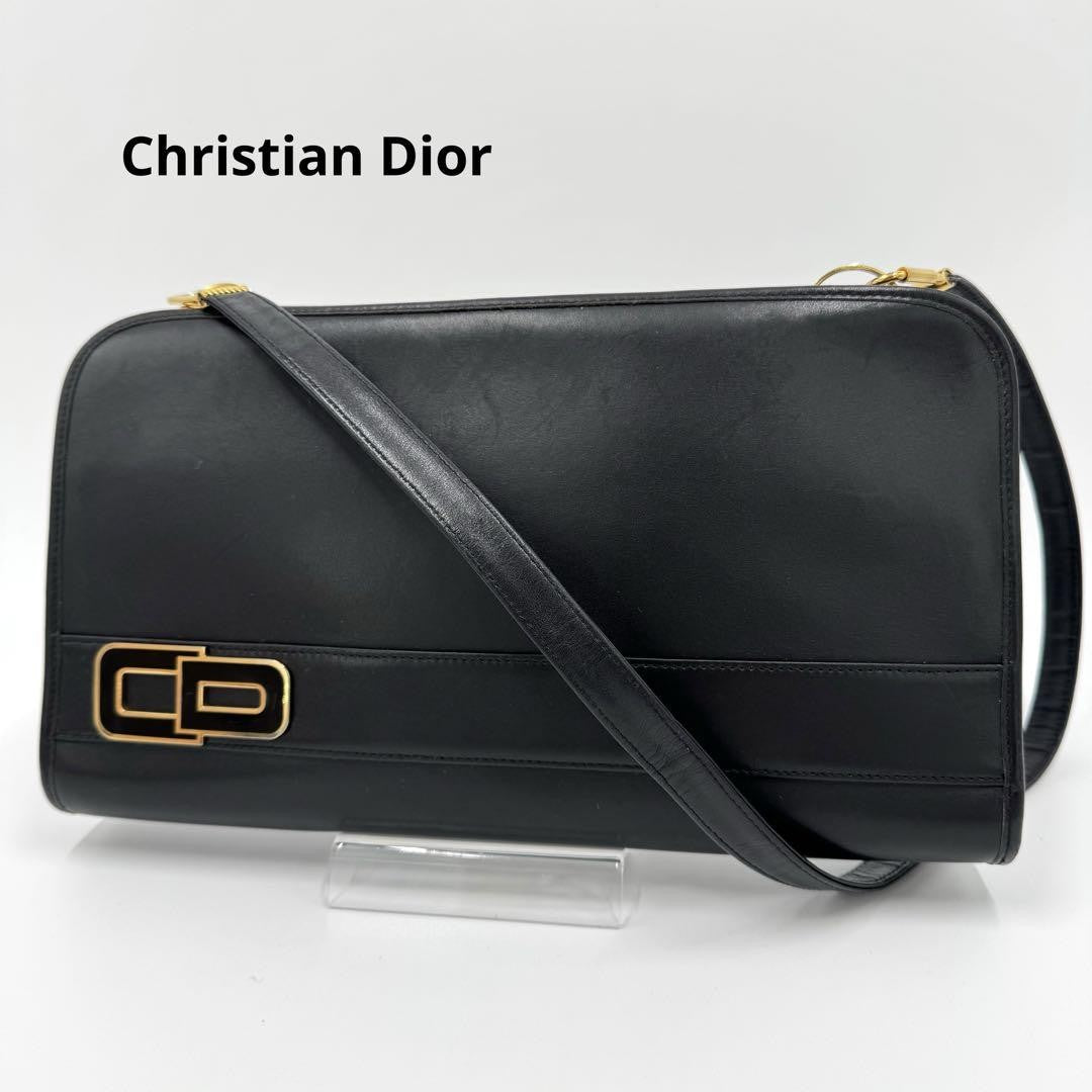 Christian Dior Shoulder Bag Purse CD Leather Black Authentic