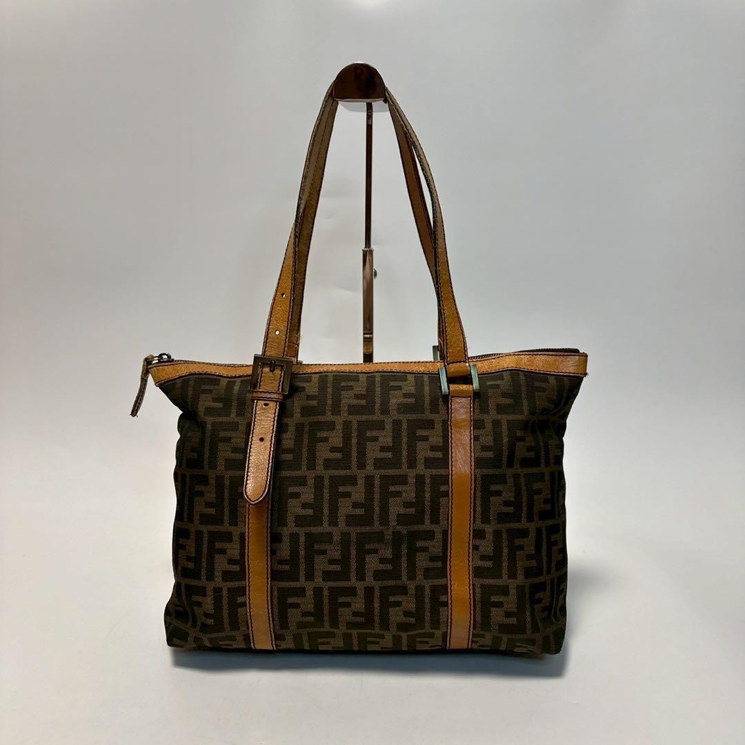 FENDI Hand Bag Tote Purse FF Zucca Canvas Leather Brown Authentic