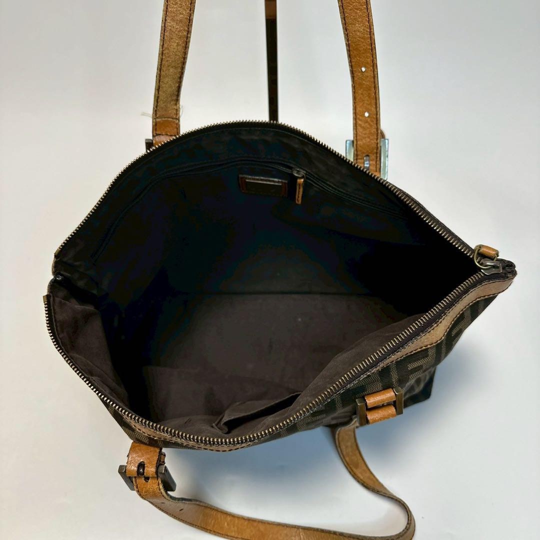FENDI Hand Bag Tote Purse FF Zucca Canvas Leather Brown Authentic