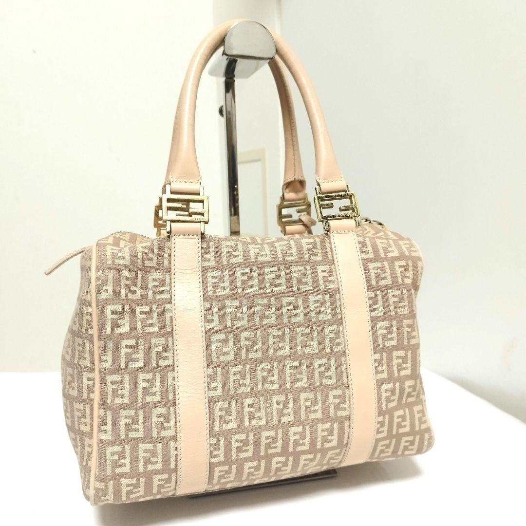 FENDI Hand Bag Tote Purse FF Zucchino Canvas Leather Pink Authentic
