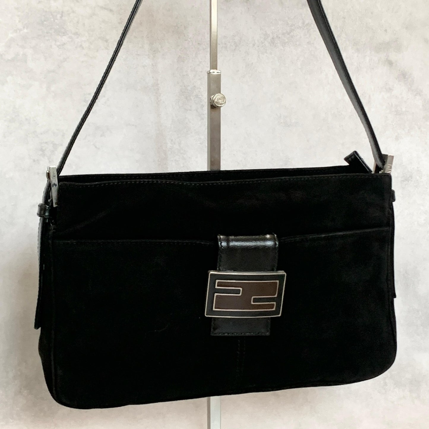 FENDI Bag FF Shoulder Purse Suede Leather Black Brown Silver Used Authentic