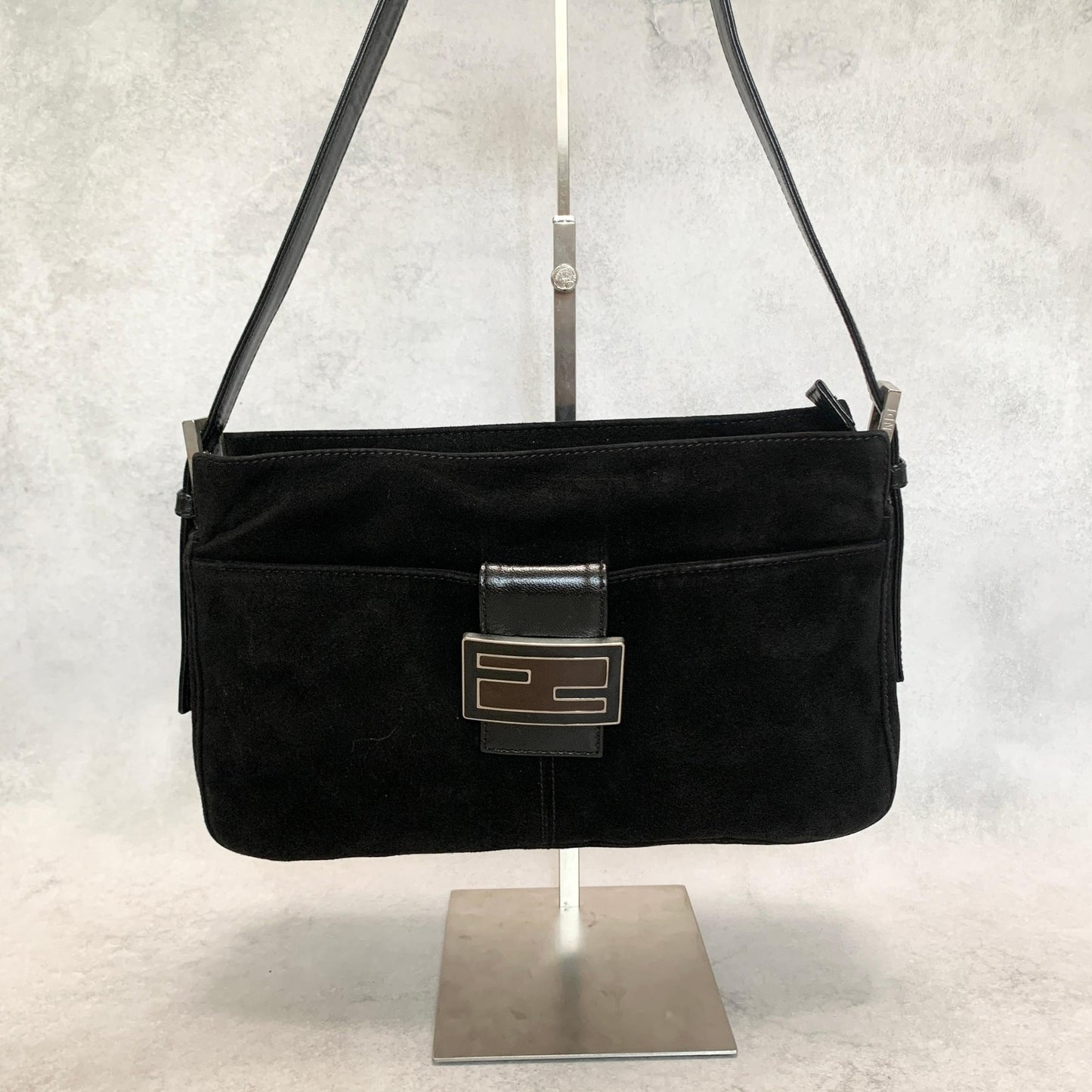 FENDI Bag FF Shoulder Purse Suede Leather Black Brown Silver Used Authentic