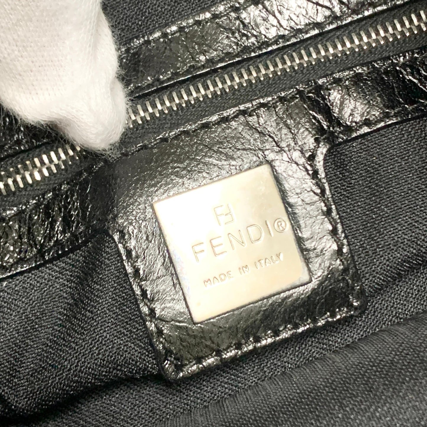 FENDI Bag FF Shoulder Purse Suede Leather Black Brown Silver Used Authentic