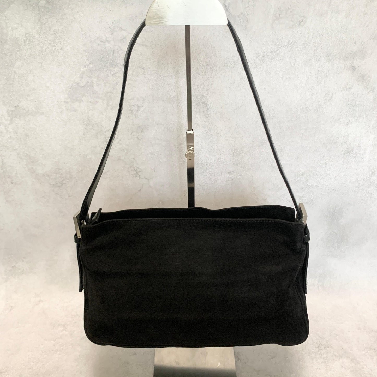 FENDI Bag FF Shoulder Purse Suede Leather Black Brown Silver Used Authentic