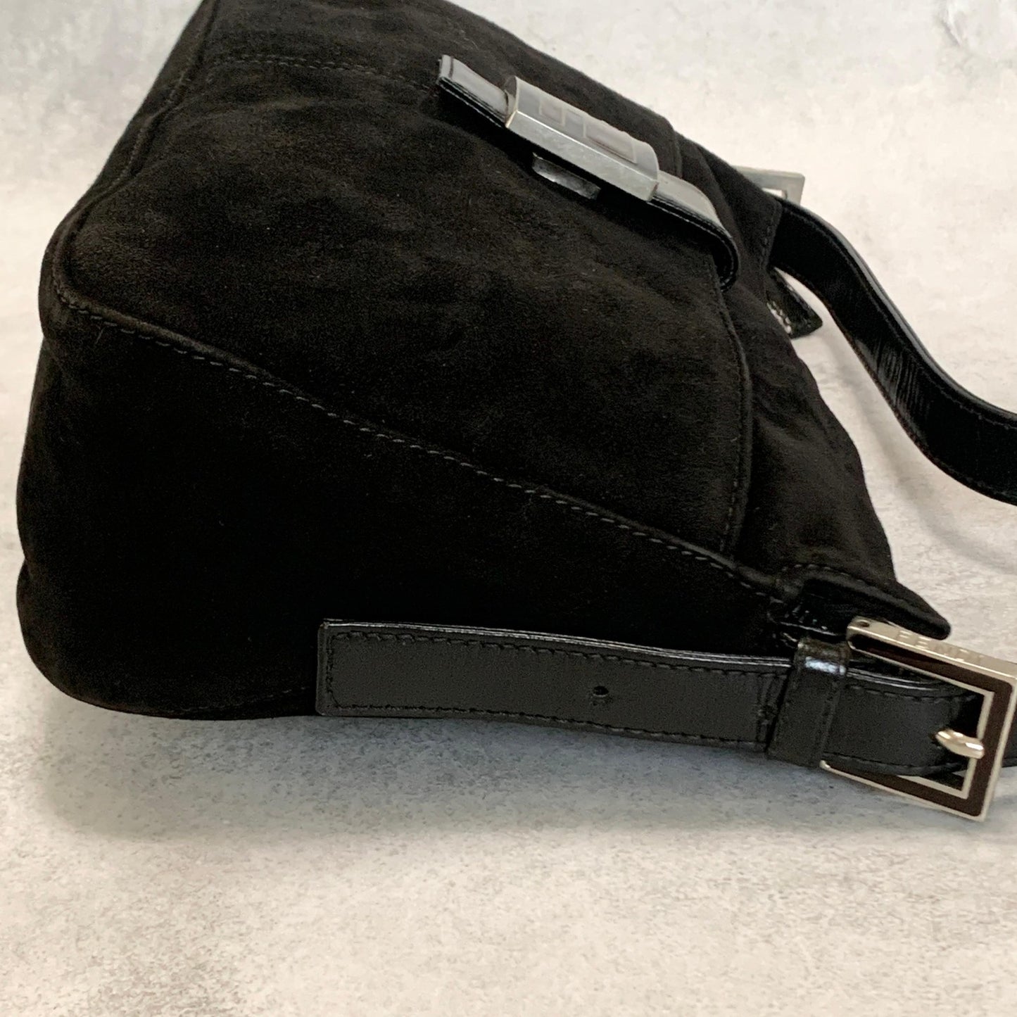FENDI Bag FF Shoulder Purse Suede Leather Black Brown Silver Used Authentic