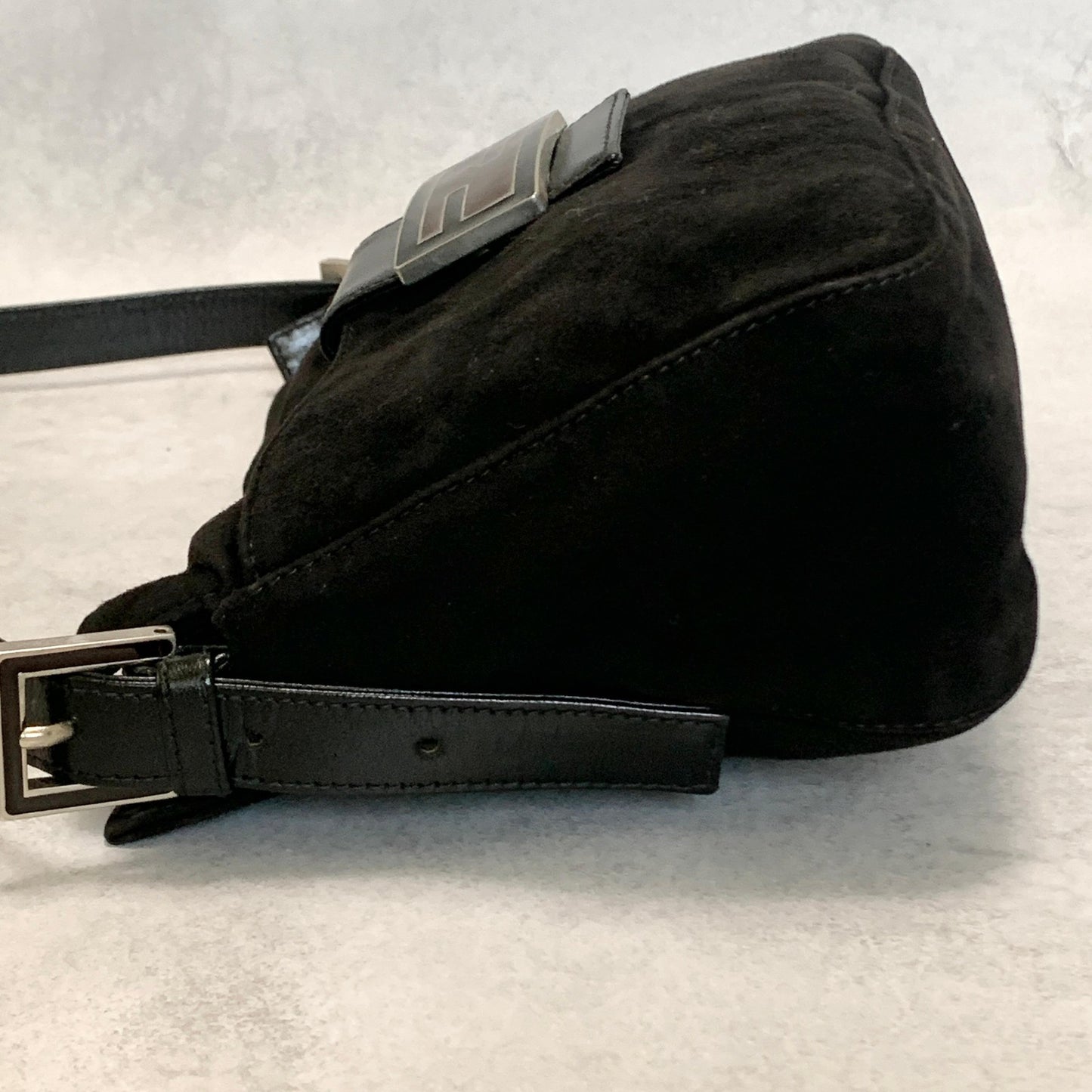 FENDI Bag FF Shoulder Purse Suede Leather Black Brown Silver Used Authentic