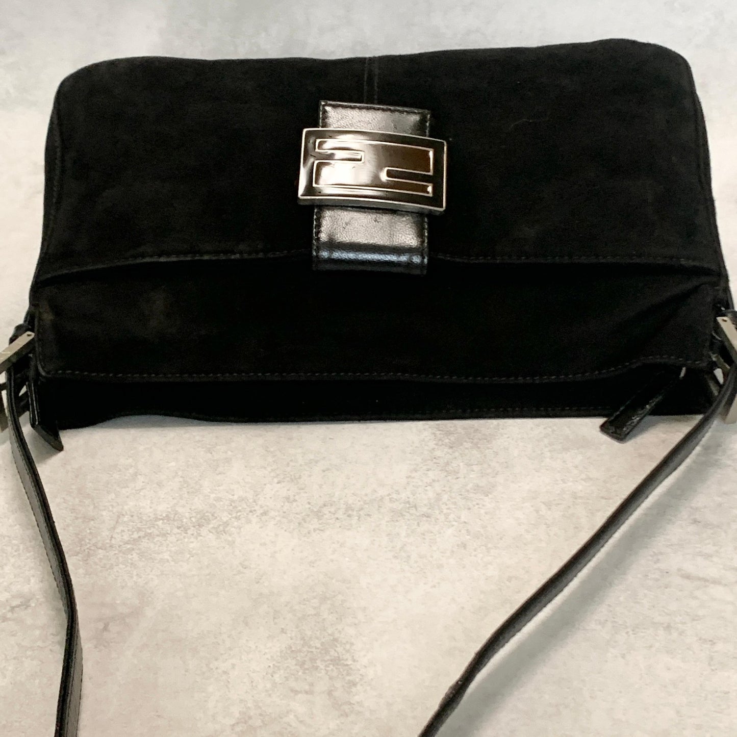 FENDI Bag FF Shoulder Purse Suede Leather Black Brown Silver Used Authentic