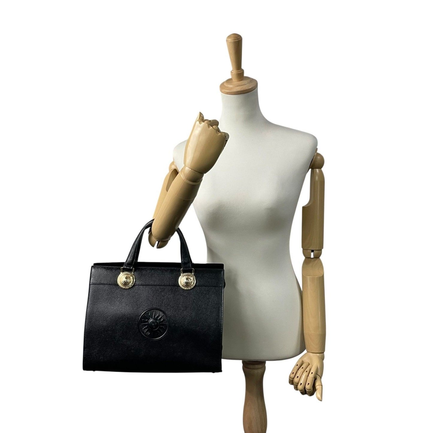 VERSACE Hand Bag Tote Purse Sunburst Leather Black Authentic