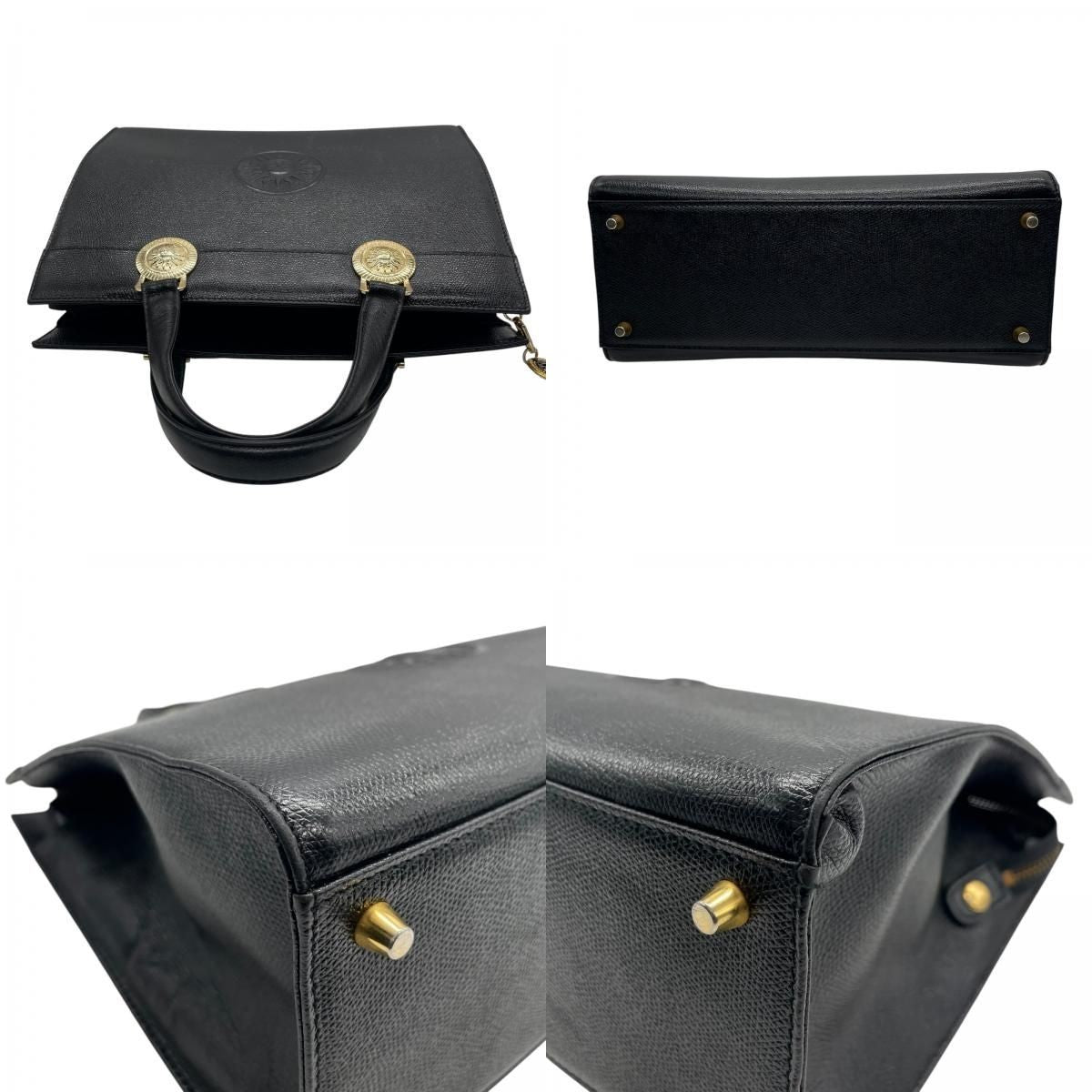 VERSACE Hand Bag Tote Purse Sunburst Leather Black Authentic