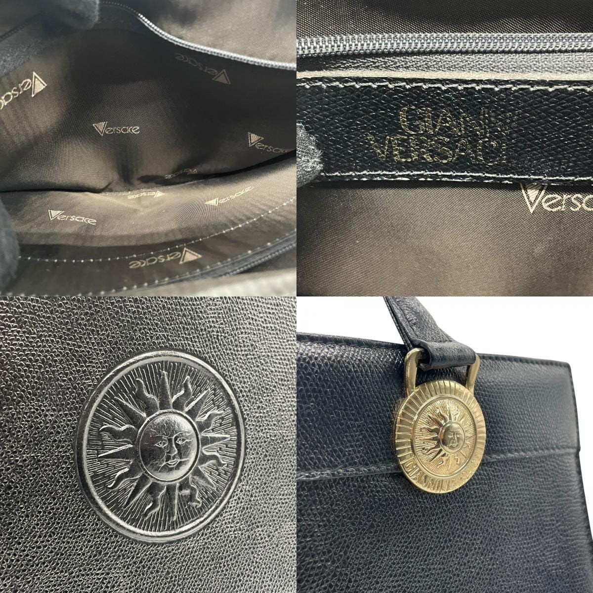 VERSACE Hand Bag Tote Purse Sunburst Leather Black Authentic