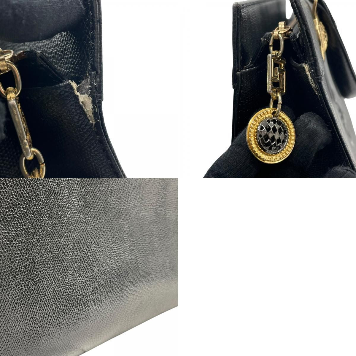 VERSACE Hand Bag Tote Purse Sunburst Leather Black Authentic