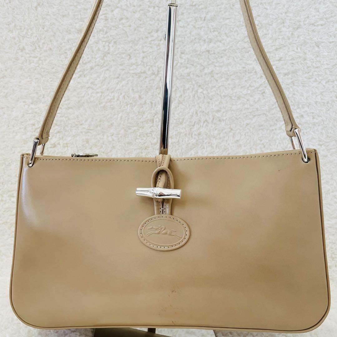 Longchamp Shoulder Bag Purse Leather Beige Authentic