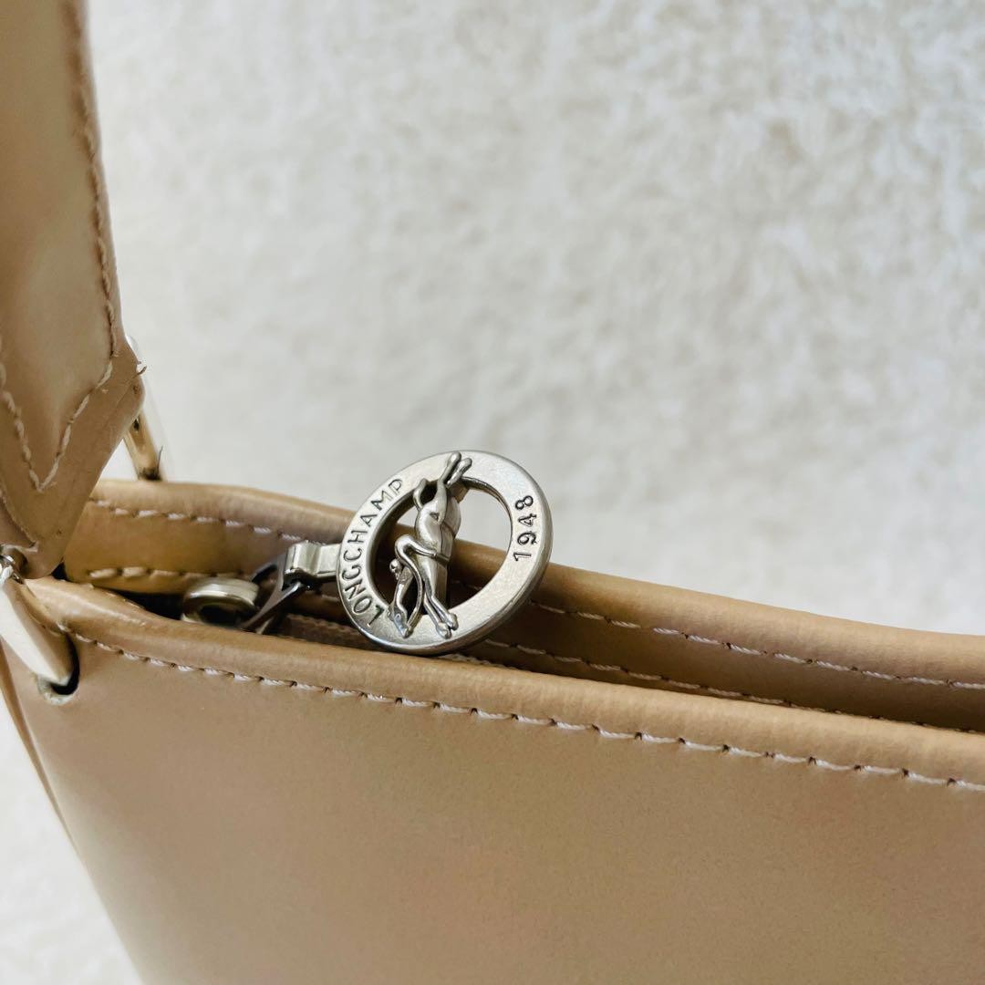 Longchamp Shoulder Bag Purse Leather Beige Authentic