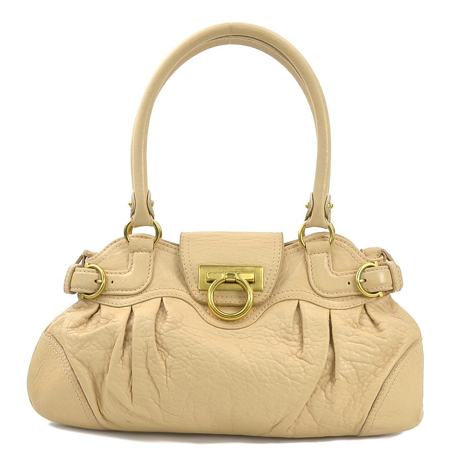 Salvatore Ferragamo Hand Bag Tote Purse Gancini Leather Beige Authentic