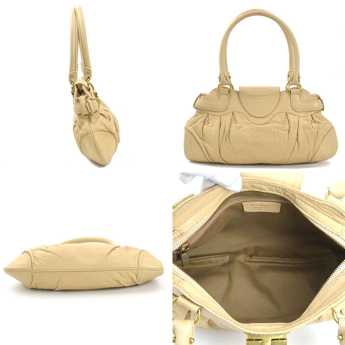 Salvatore Ferragamo Hand Bag Tote Purse Gancini Leather Beige Authentic