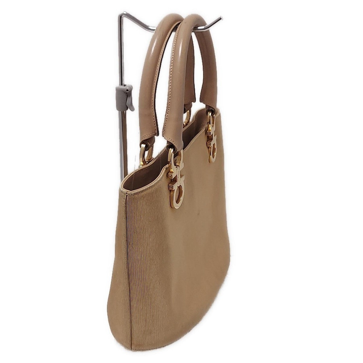 Salvatore Ferragamo Hand Bag Tote Purse Gancini Leather Beige Authentic