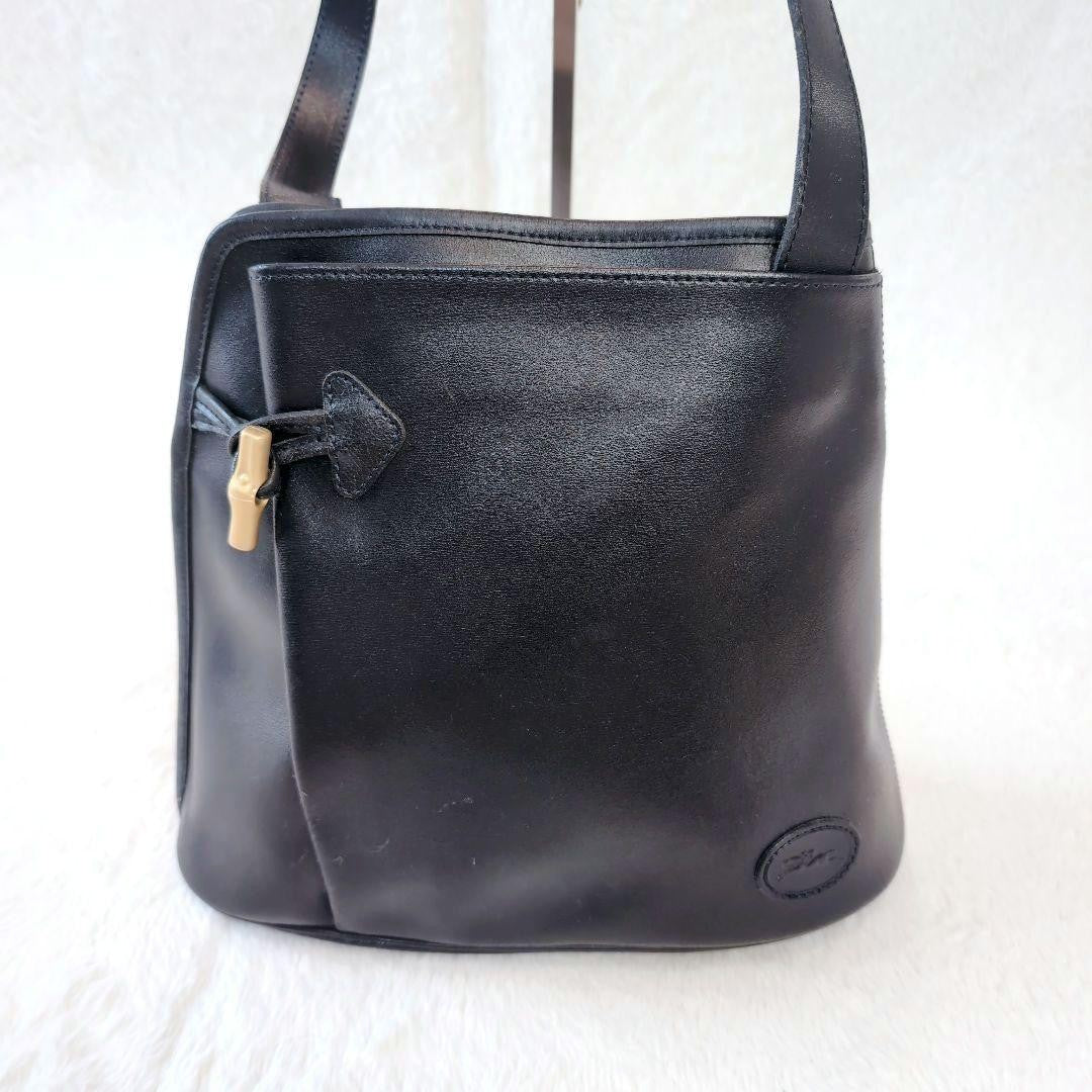 Longchamp Hand Shoulder Bag Tote Purse Leather Black Authentic