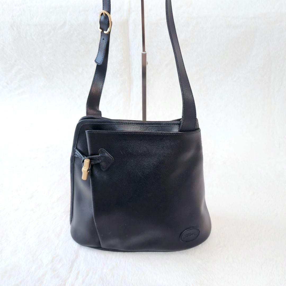 Longchamp Hand Shoulder Bag Tote Purse Leather Black Authentic