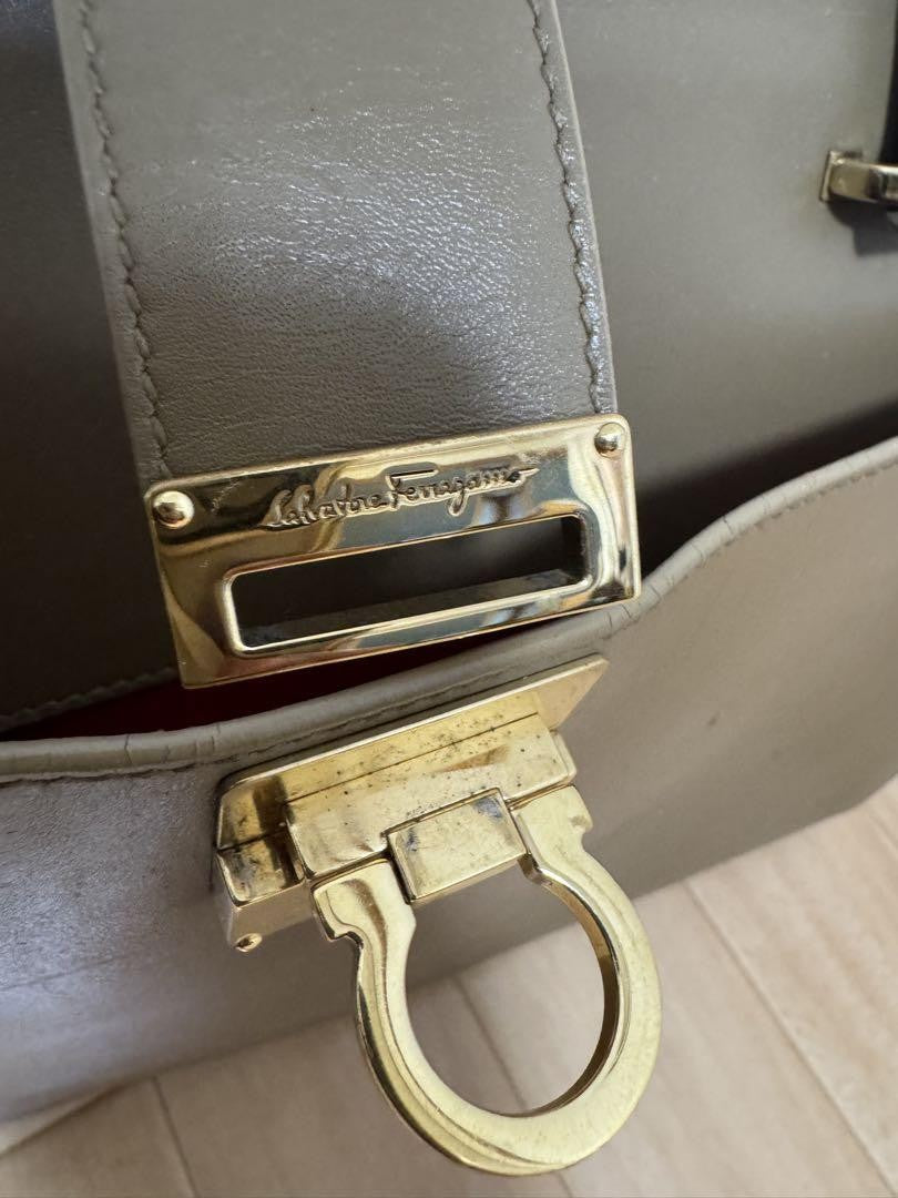 Salvatore Ferragamo Hand Bag Tote Purse Gancini Leather Beige Authentic