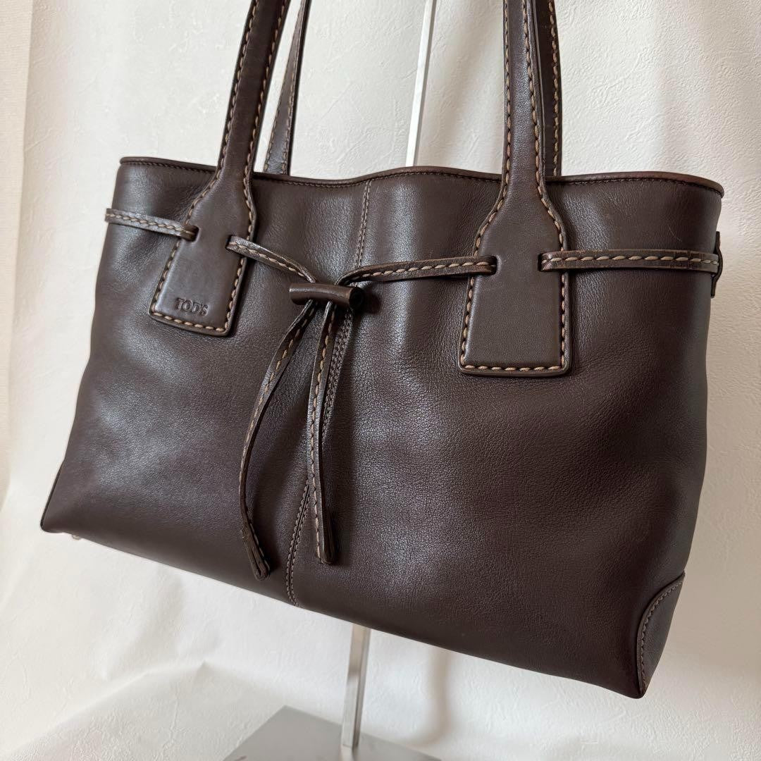 TOD'S Hand Bag Tote Purse Leather Dark Brown Authentic