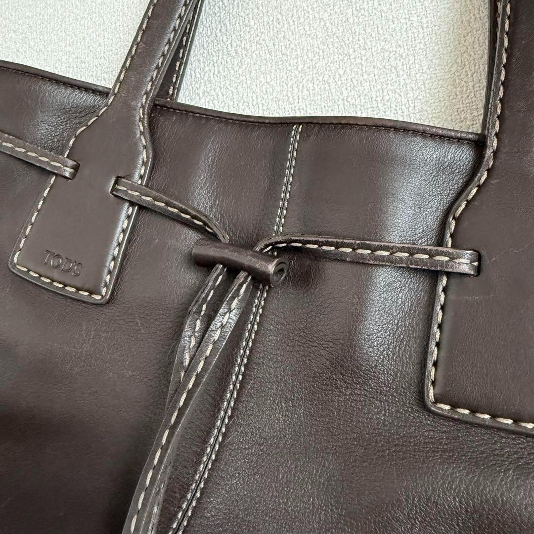 TOD'S Hand Bag Tote Purse Leather Dark Brown Authentic