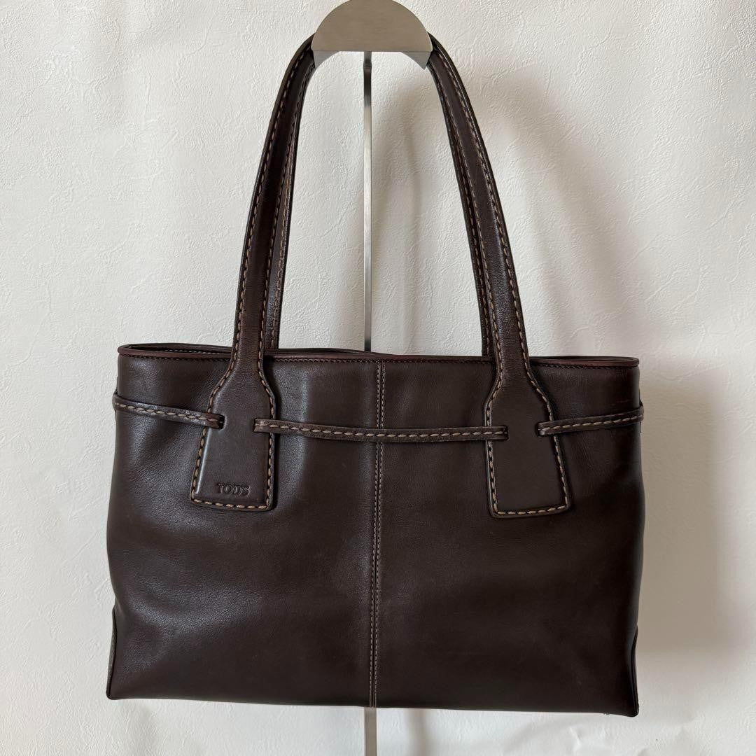TOD'S Hand Bag Tote Purse Leather Dark Brown Authentic