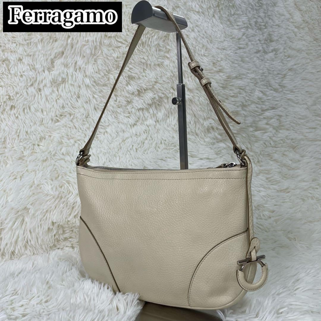 Salvatore Ferragamo shoulder bag Purse Gancini Ivory Silver Leather Authentic