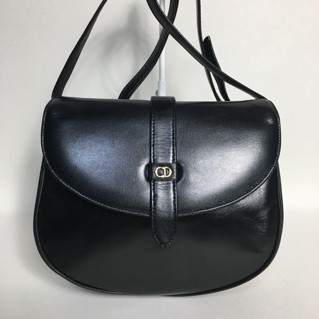 Christian Dior Shoulder Bag Purse CD Leather Black Authentic