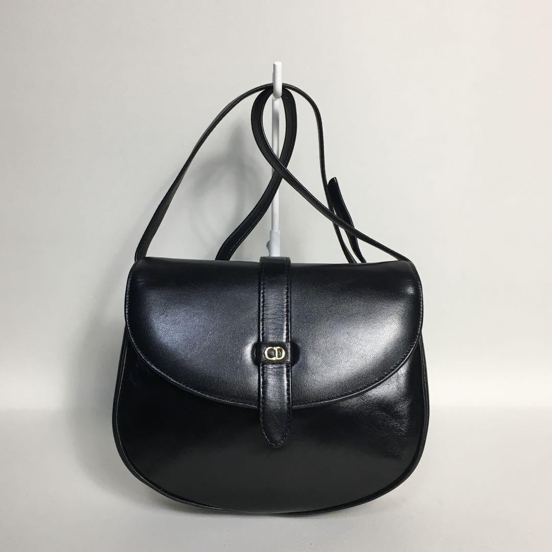 Christian Dior Shoulder Bag Purse CD Leather Black Authentic