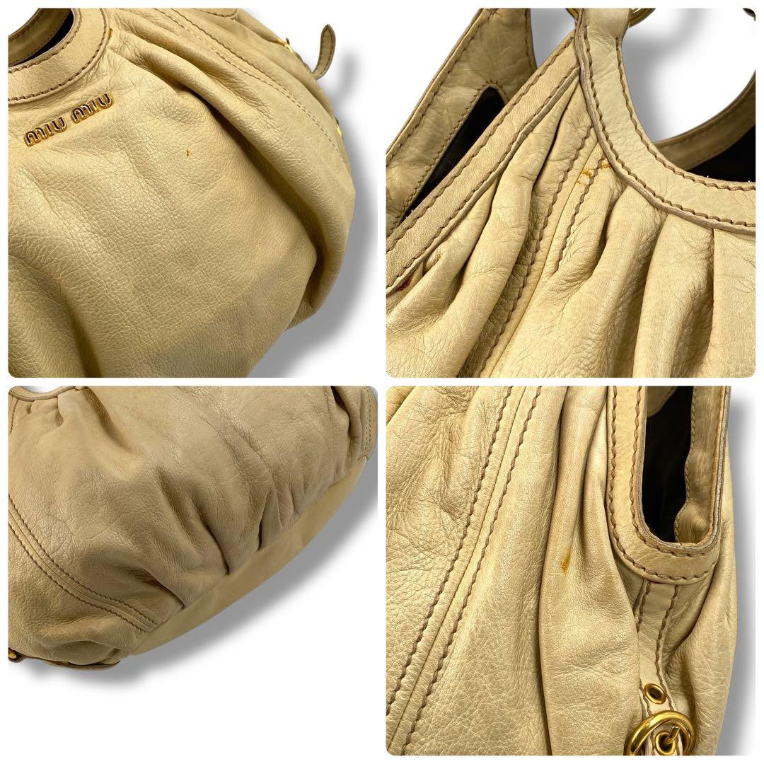 MIU MIU Hand Bag Tote Purse Logo Leather Beige Authentic