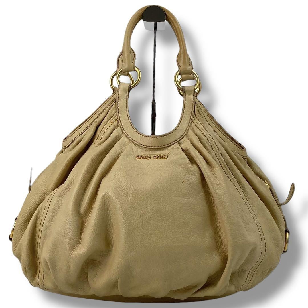 MIU MIU Hand Bag Tote Purse Logo Leather Beige Authentic