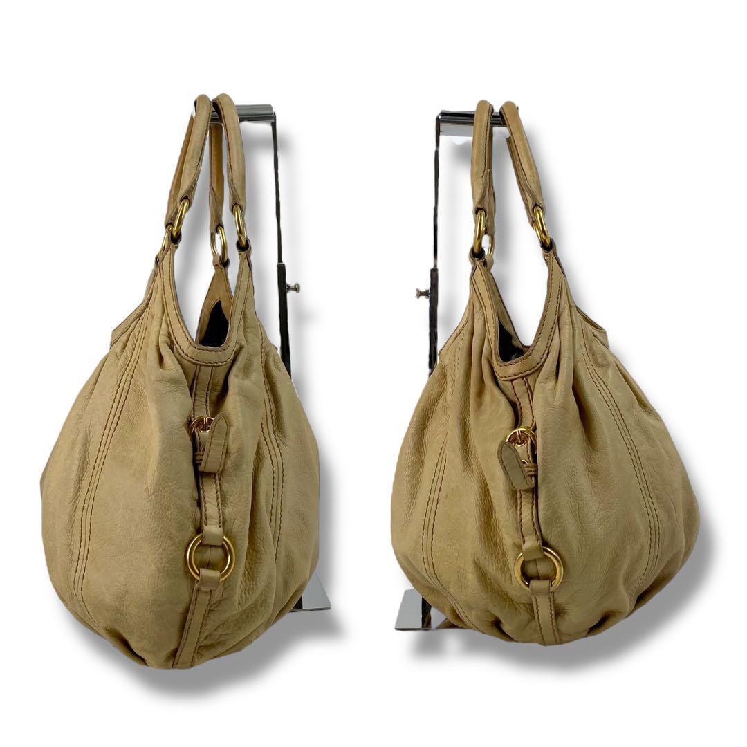 MIU MIU Hand Bag Tote Purse Logo Leather Beige Authentic