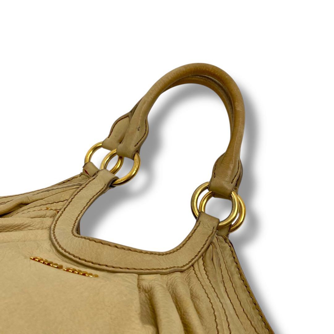 MIU MIU Hand Bag Tote Purse Logo Leather Beige Authentic