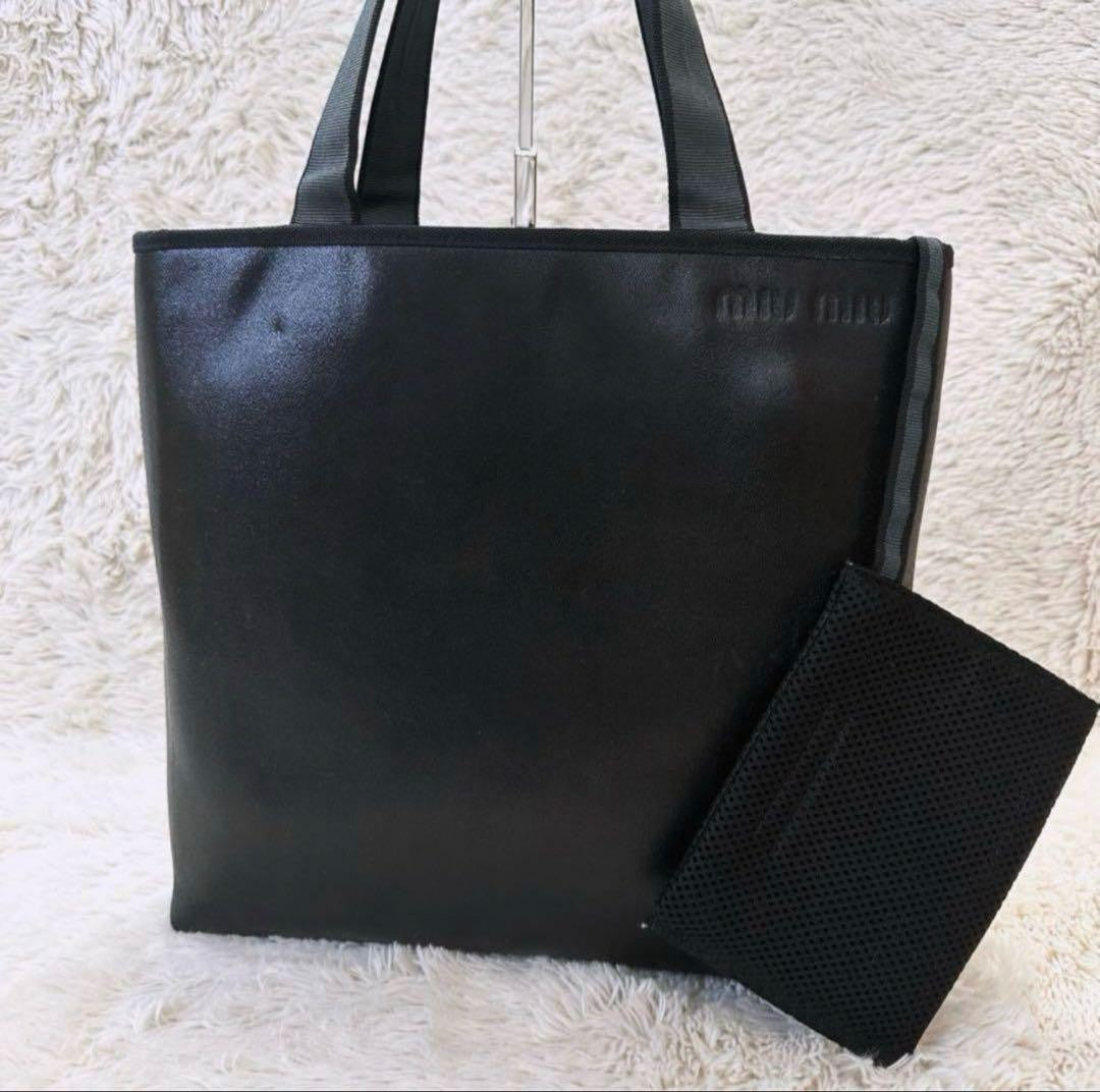 MIU MIU Hand Bag Tote Purse Logo Leather Black Authentic