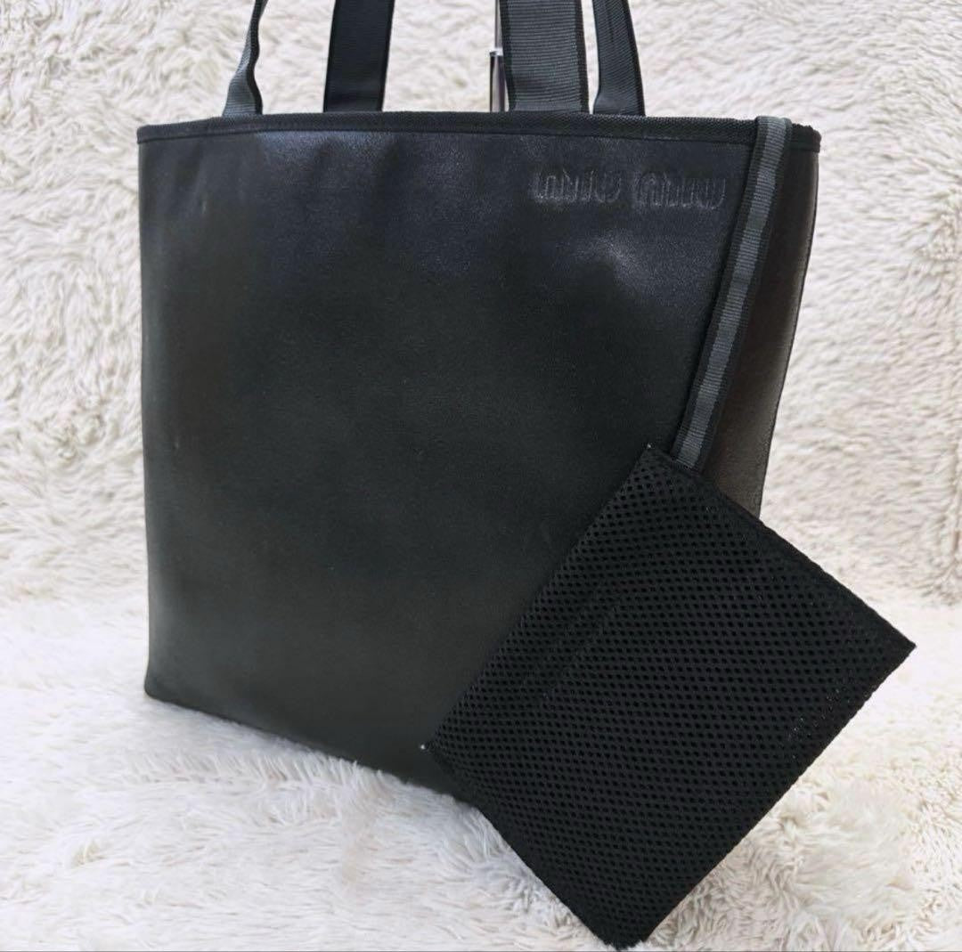 MIU MIU Hand Bag Tote Purse Logo Leather Black Authentic