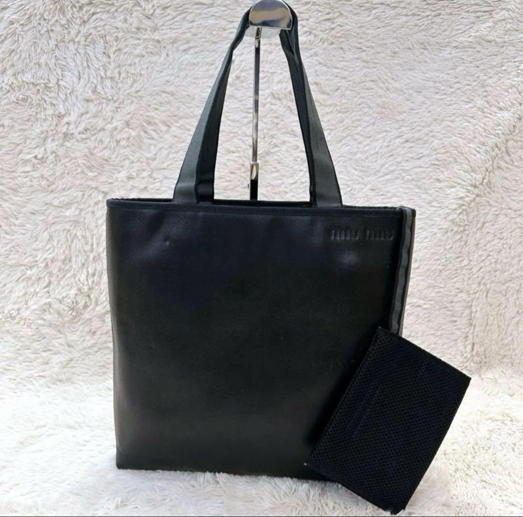 MIU MIU Hand Bag Tote Purse Logo Leather Black Authentic