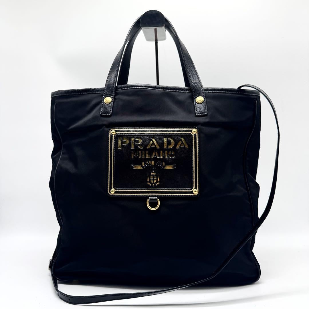 PRADA Hand Shoulder Bag Tote Purse 2way Nylon Leather Black Authentic