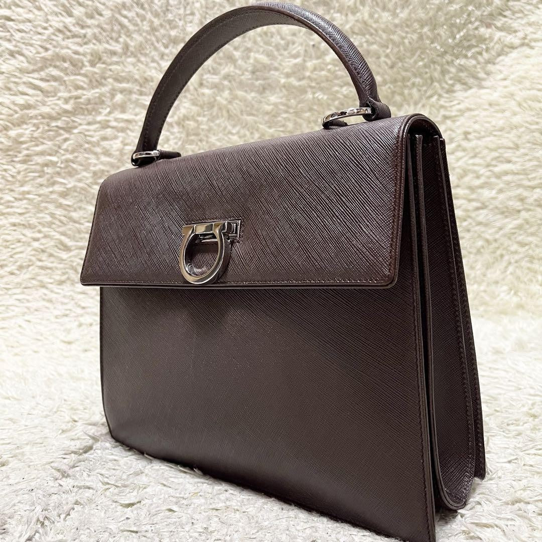 Salvatore Ferragamo Hand Bag Tote Purse Gancini Leather Brown Authentic