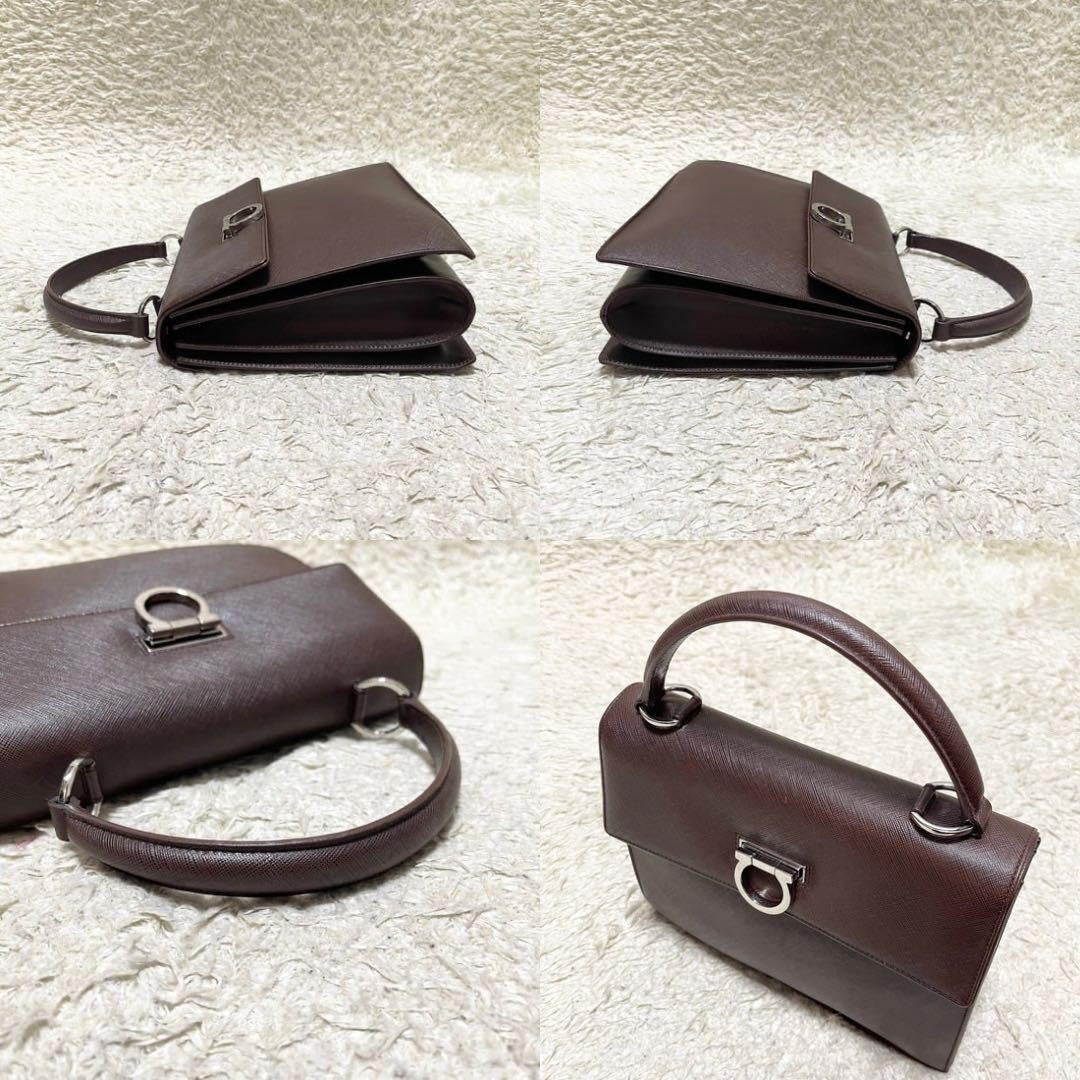 Salvatore Ferragamo Hand Bag Tote Purse Gancini Leather Brown Authentic