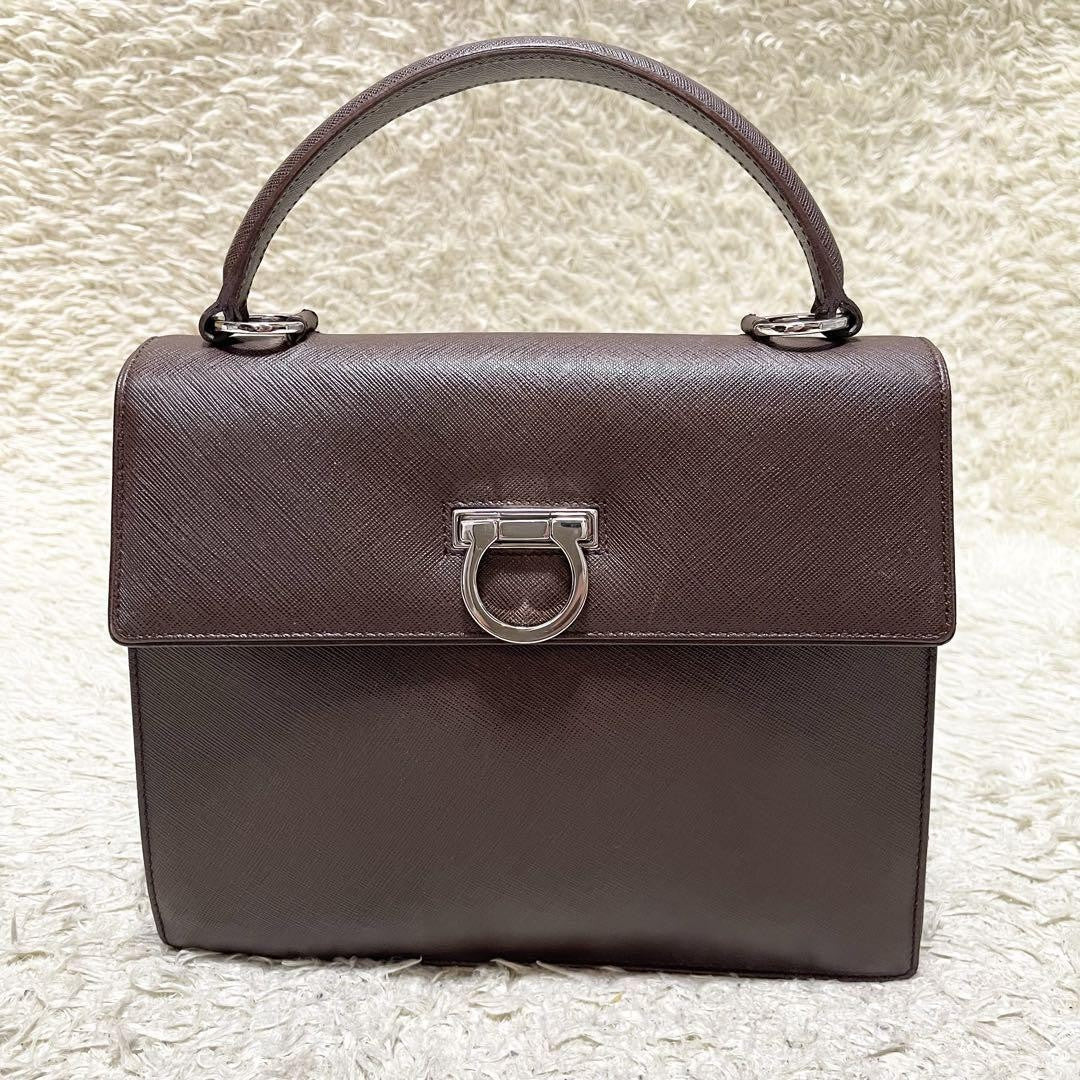 Salvatore Ferragamo Hand Bag Tote Purse Gancini Leather Brown Authentic